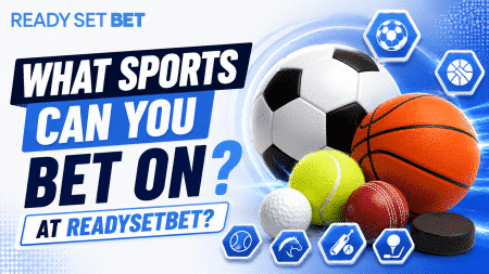 Promotional banner asking 'What sports can you bet on?' with soccer, basketball, tennis balls and blue icons on a blue gradient background.