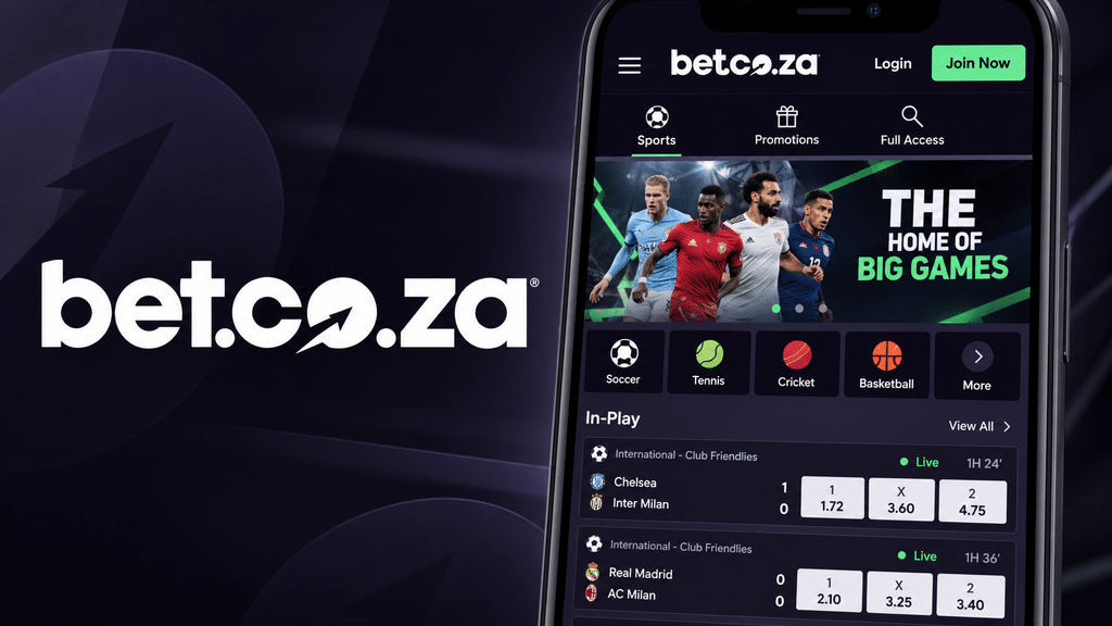 bet-co-za-mobile-version - Scatter South Africa Brand-focused promo image showing 'bet.co.za' logo on the left with a dark purple background and a smartphone displaying the app interface on the right, featuring sports categories and live betting cards.