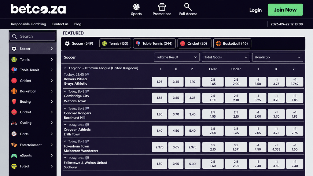 bet-co-za-odds - Scatter South Africa Betting odds dashboard with left sport menu and a grid of match odds on a dark purple background.