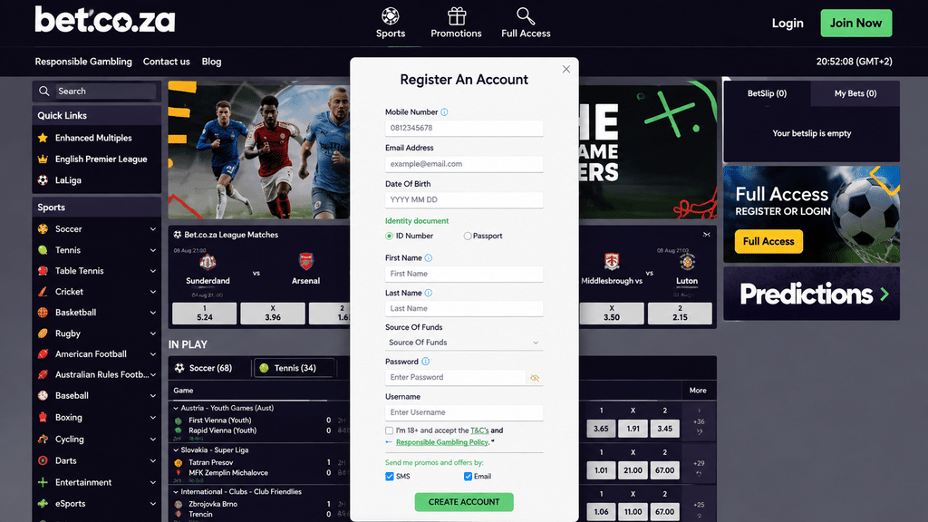 bet-co-za-registration - Scatter South Africa Screenshot of Bet.co.za homepage with a centered 'Register An Account' modal form overlay asking for mobile number, email, birth date, ID or passport, name, and password fields.