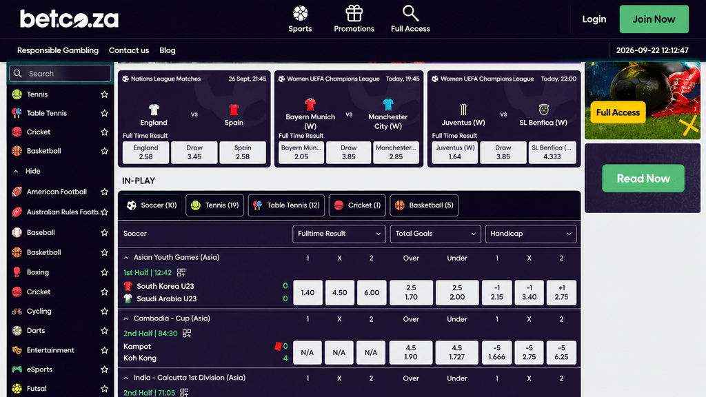 bet-co-za-sports-betting - Scatter South Africa Betting site UI showing left sport menu, top navigation, and a grid of match odds cards with dark purple theme.