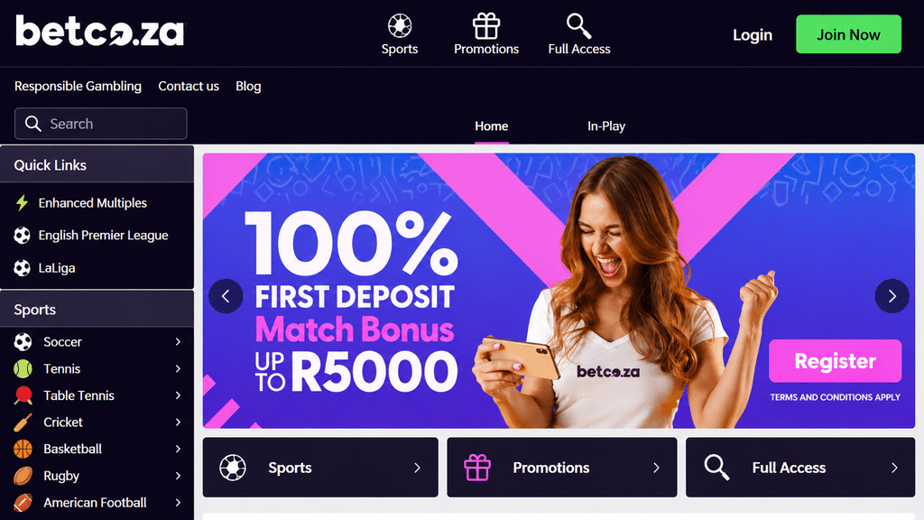 bet-co-za-welcome-bonus - Scatter South Africa Bet.co.za homepage hero: smiling woman holding a smartphone, with a purple-pink promo reading '100% FIRST DEPOSIT' up to R5000.