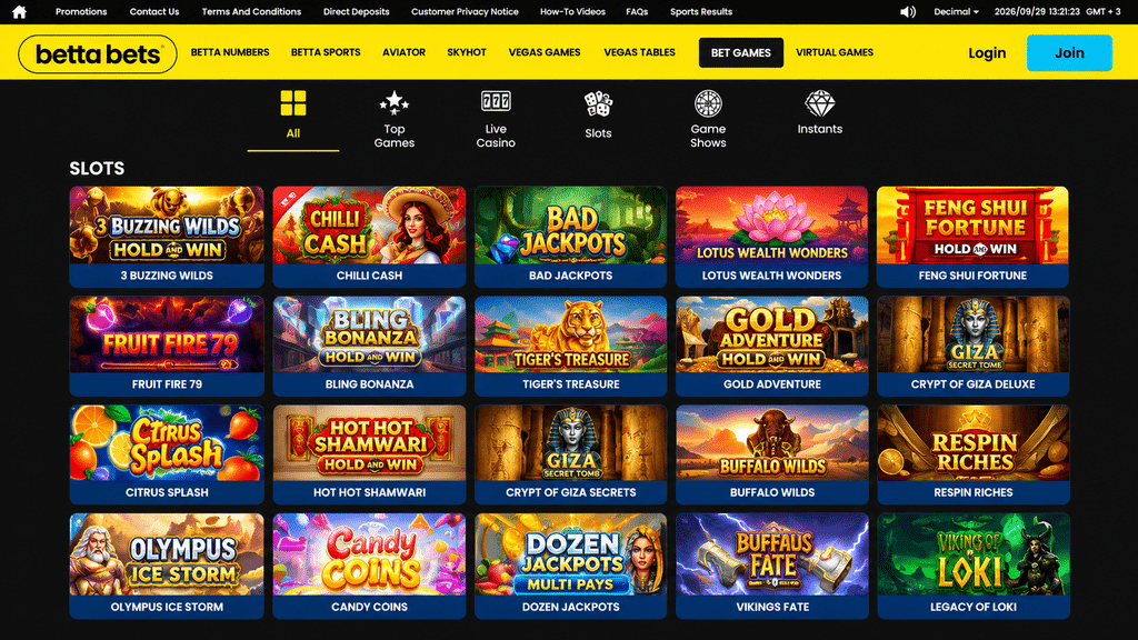 bettabets-casino-games - Scatter South Africa Online casino lobby with a grid of colorful slot game tiles and game titles such as 3 Buzzing Wilds, Chilli Cash, and Bad Jackpots on a dark background, yellow header above.