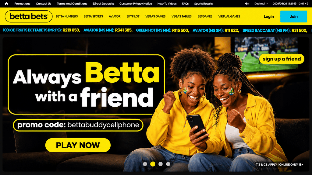 bettabets-mobile-version - Scatter South Africa Promo banner: two women in yellow jackets celebrate while looking at a phone; displays 'Always Betta with a friend' and promo code 'bettabuddycellphone'