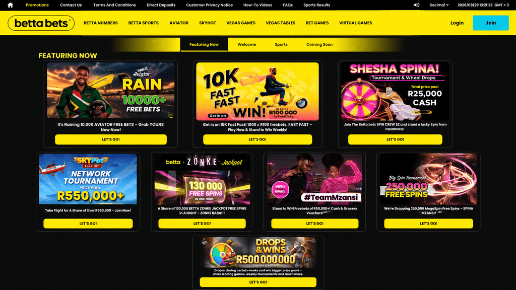 bettabets-promotions - Scatter South Africa Promotions grid on a dark site with yellow Betta Bets header and multiple promo banners, each with a yellow Letโs Go button and prize text.