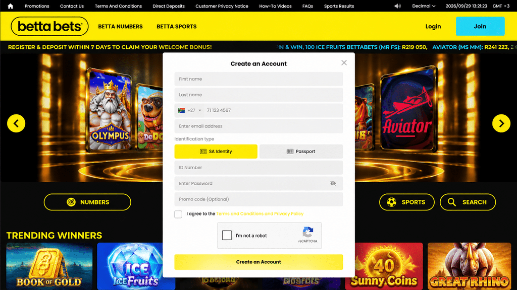 bettabets-registration - Scatter South Africa Homepage banner of Betta Bets with a center Create an Account modal overlay on a dark casino site, yellow accents and navigation header visible.