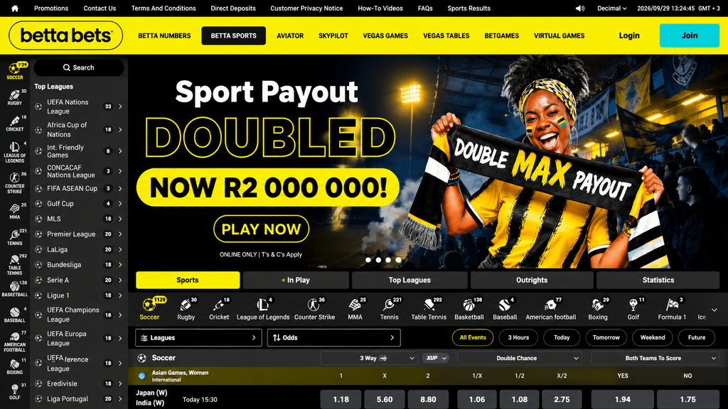 bettabets-sports-betting - Scatter South Africa Hero banner for Betta Bets promoting "Sport Payout Doubled" with a smiling fan in a yellow-and-black jersey holding a scarf in a stadium background.