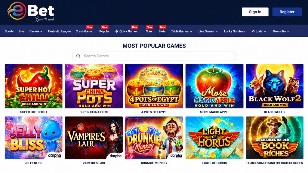 Hero header of an online casino site showing 'Most Popular Games' with a search bar and a grid of colorful game tiles
