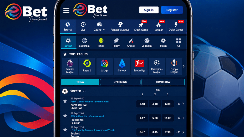 Mobile betting app interface showing soccer leagues, tabs, and odds on a dark blue screen