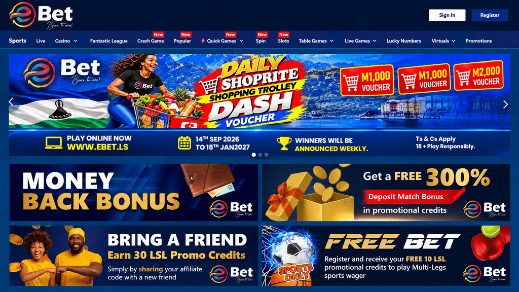 Bet homepage hero with a shopper banner promoting daily Shoprite Dash voucher; top navigation and Sign In / Register buttons visible.