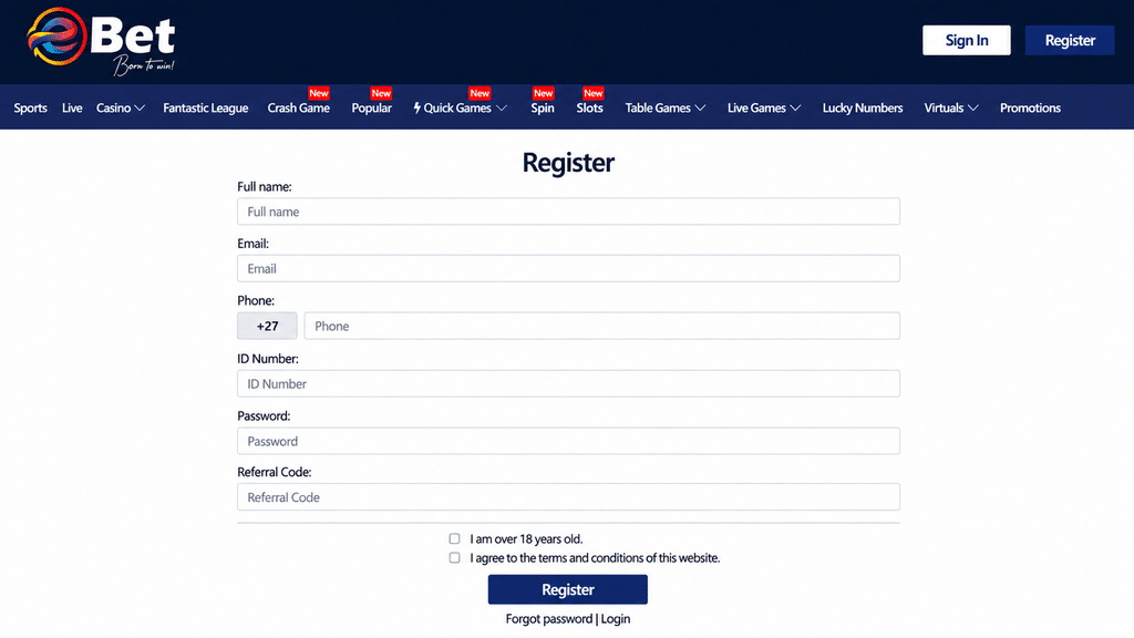 Registration form on a sportsbook site with fields for name, email, phone (+27), ID number, password, and referral code; Sign In and Register buttons visible at top.