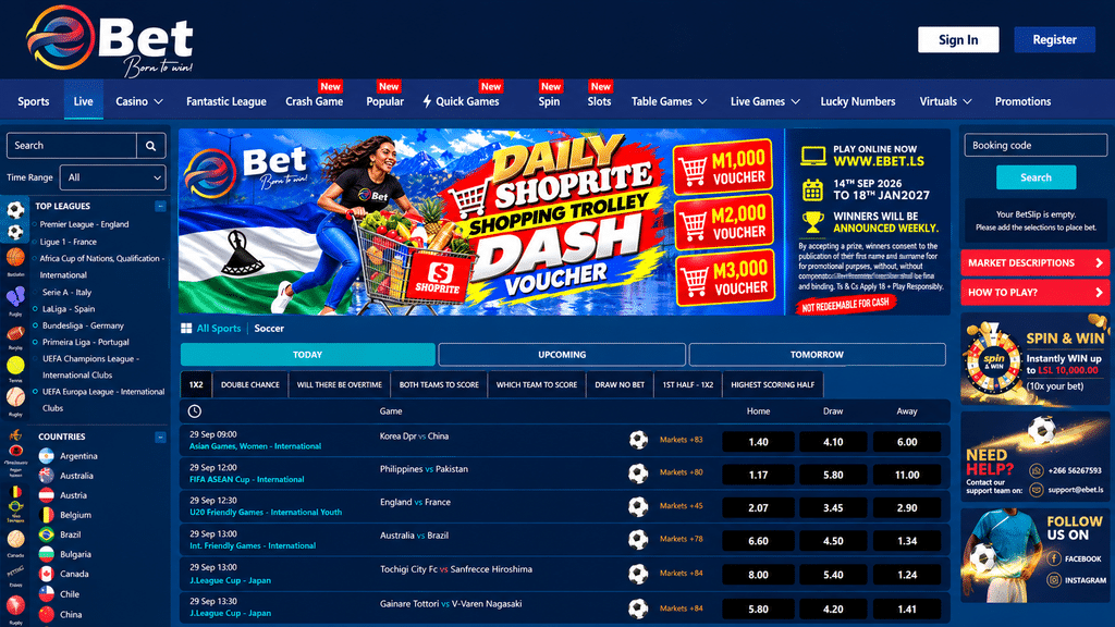 Homepage of a dark-blue betting site: navigation bar, left leagues list, large promo banner, and live match table below.