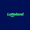 Lottoland logo in bright green wordmark with a curved underline on a dark blue gradient background