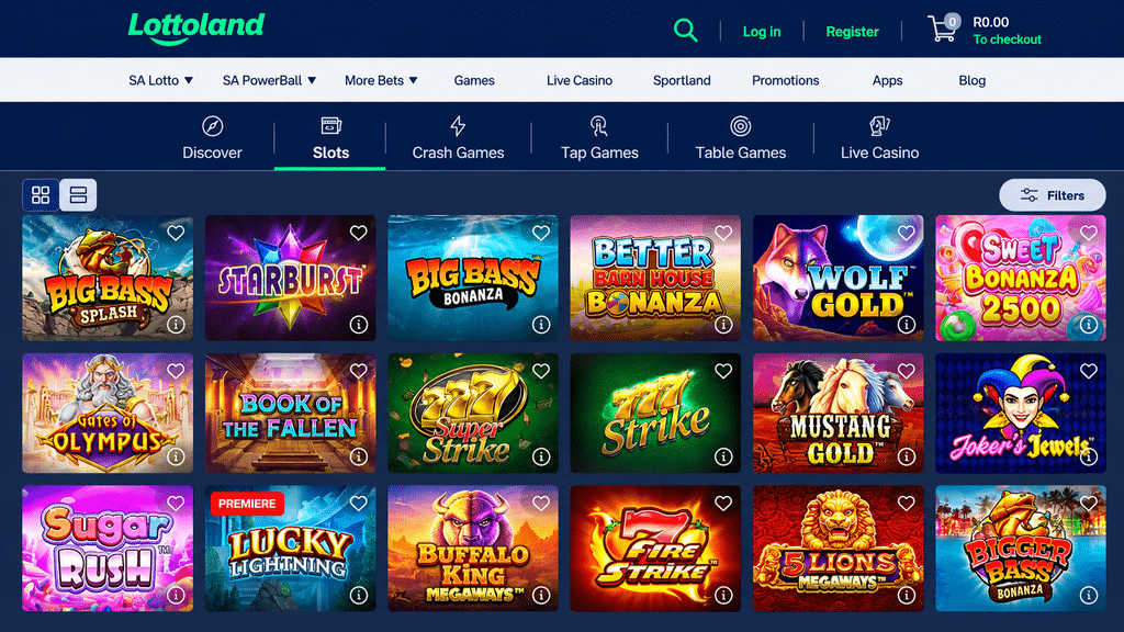 lottoland-casino-games - Scatter South Africa Grid of colorful slot game thumbnails on a casino site, including titles like Big Bass Splash and Starburst, in a dark blue lobby theme.