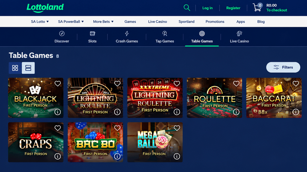lottoland-live-casino - Scatter South Africa Table Games page on Lottoland showing thumbnails for Blackjack, Lightning Roulette, Roulette, and Baccarat with a Filters button on the right and a dark blue background.