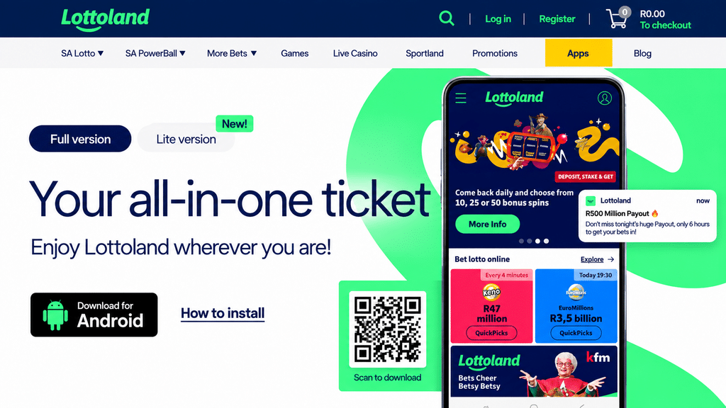 lottoland-mobile-version - Scatter South Africa Lottoland hero: large text 'Your all-in-one ticket' with a smartphone app image and download QR code.