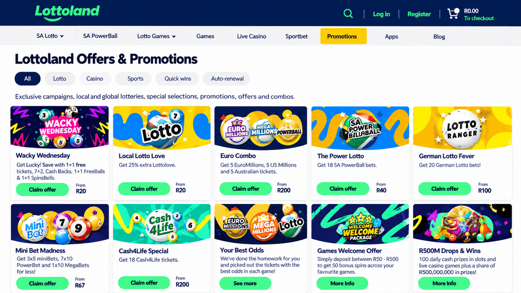 lottoland-promotions - Scatter South Africa Grid of Lottoland promotion cards with titles like Wacky Wednesday and Local Lotto Love, each showing a green 'Claim offer' button and