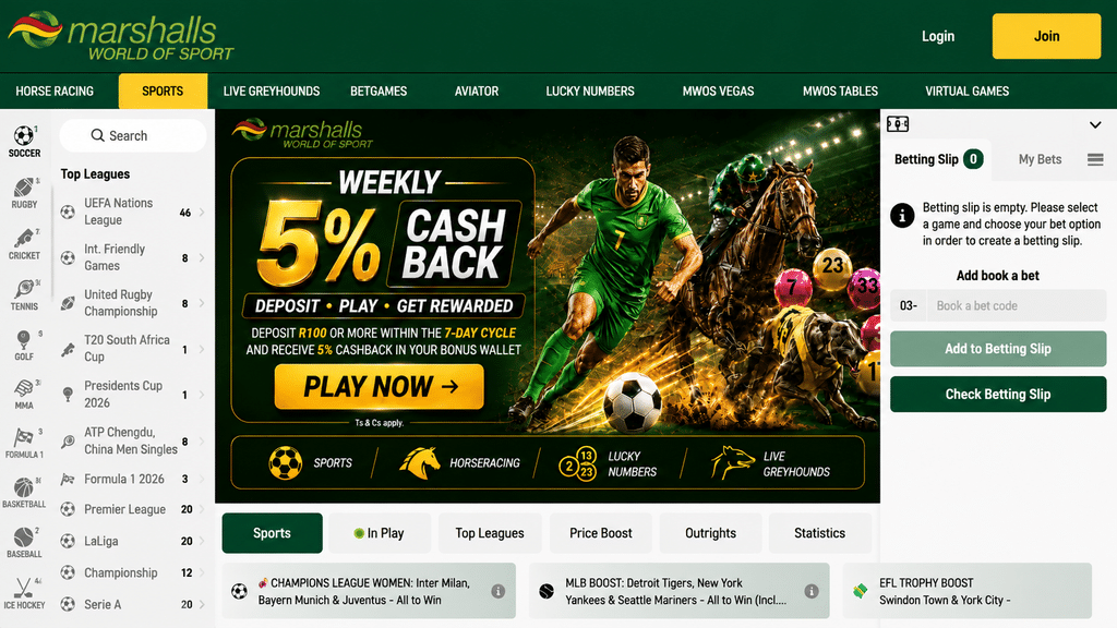 marshalls-world-sport-betting - Scatter South Africa Homepage hero of a sports betting site showing a green/yellow navigation bar, left leagues list, and a right betting slip panel with a central weekly promo graphic.