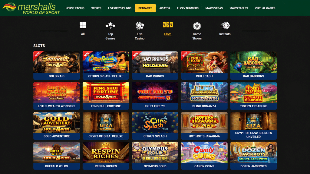 marshalls-world-sport-casino-games - Scatter South Africa Grid of slot game thumbnails with titles like Gold Raid and Citrus Splash Deluxe (slots lobby).