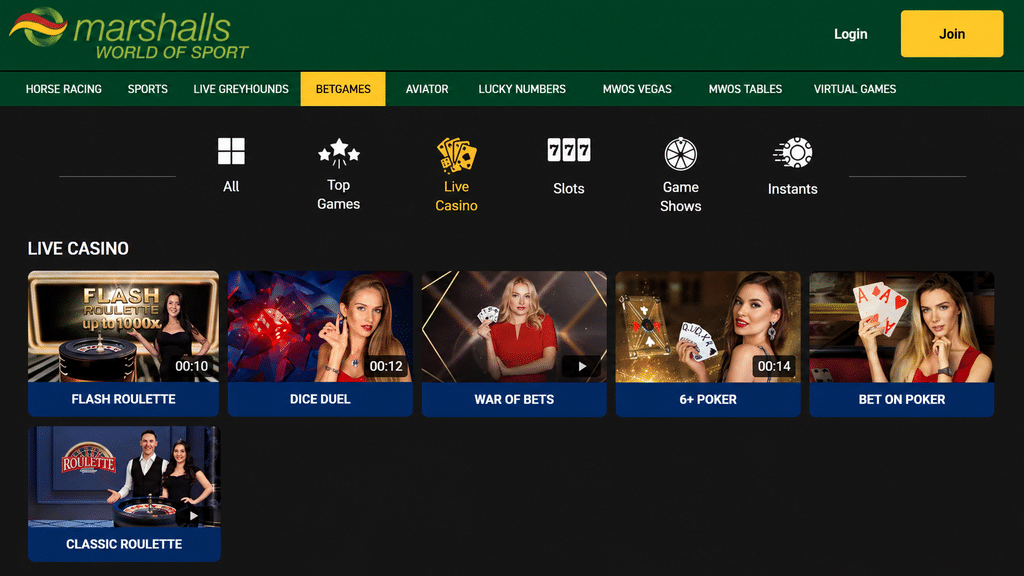 marshalls-world-sport-live-casino - Scatter South Africa Marshalls World of Sport header with green navigation; live casino grid showing six game tiles: Flash Roulette, Dice Duel, War of Bets, 6+ Poker, Bet on Poker, Classic Roulette.