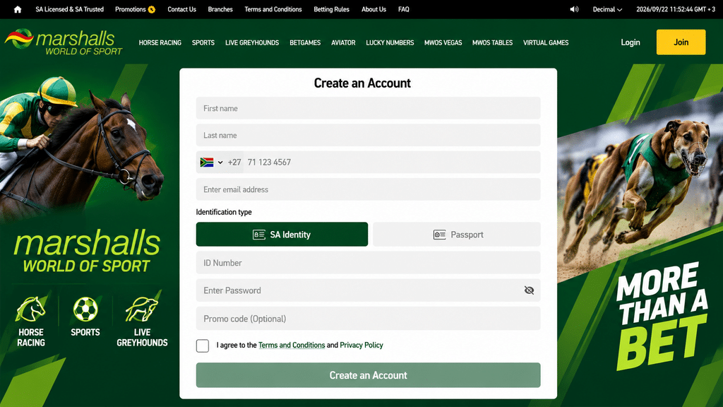 marshalls-world-sport-registration - Scatter South Africa Marshalls World of Sport homepage hero with a centered'Create an Account' form, flanked by a left horse racing image and a right greyhound race image, plus top navigation.