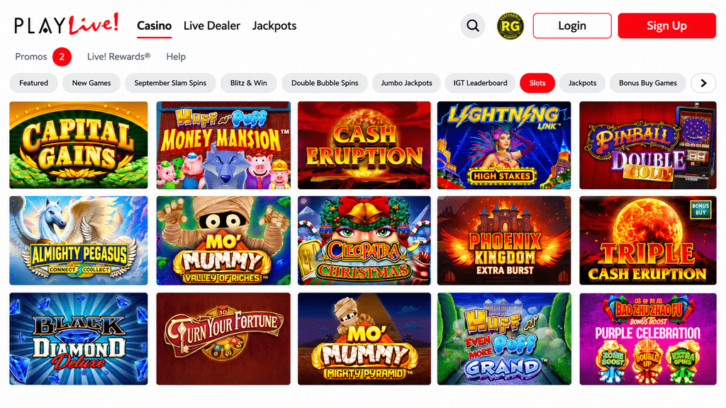 Colorful grid of slot game thumbnails on a casino website homepage with navigation bar and login buttons at the top