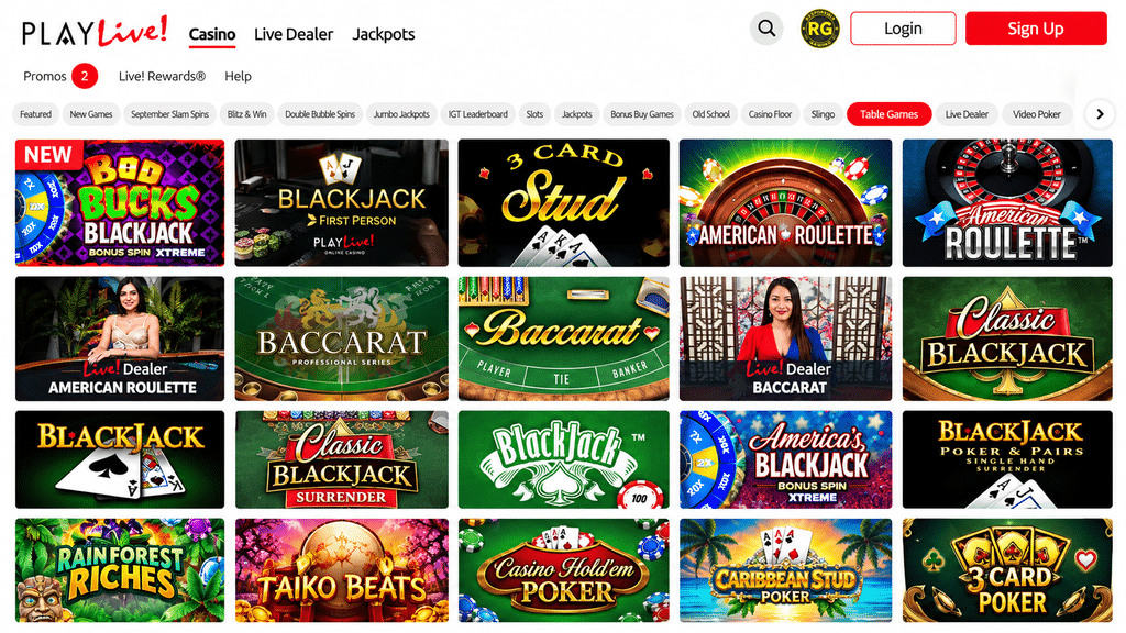 Screenshot of an online casino homepage showing a grid of colorful game thumbnails (Blackjack, Roulette, Baccarat) on a white header.