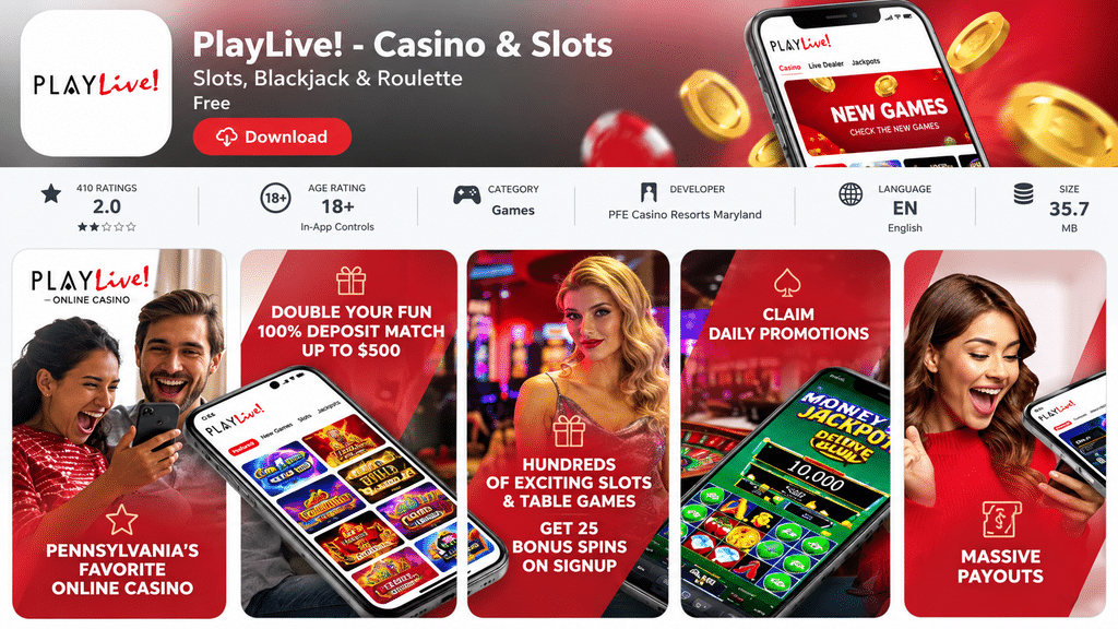 PlayLive casino banner: people using smartphones with bold promos about new games, deposit match up to 0, daily promotions (mobile gaming scene).