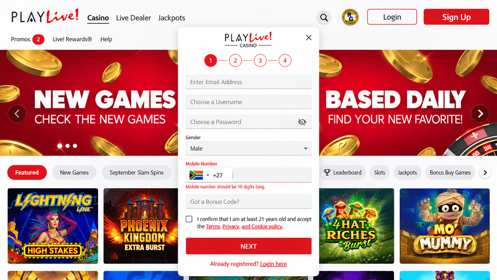 PlayLive! casino homepage with a white signup modal overlay showing steps 1-4, red banners, and game tiles behind it.