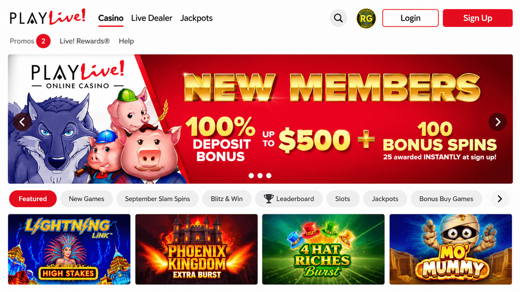 PlayLive online casino homepage banner promoting new member bonus: 100% deposit bonus up to 0 and 100 bonus spins