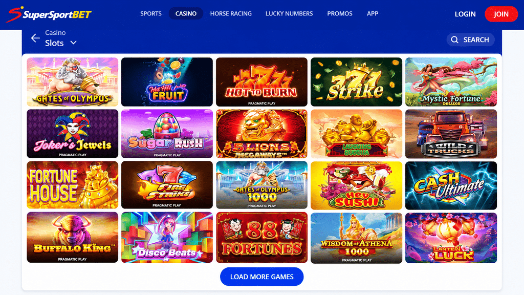 supersportbet-casino-games - Scatter South Africa Grid of colorful slot game thumbnails on a casino site, arranged in rows with a prominent 'Load More Games' button below.