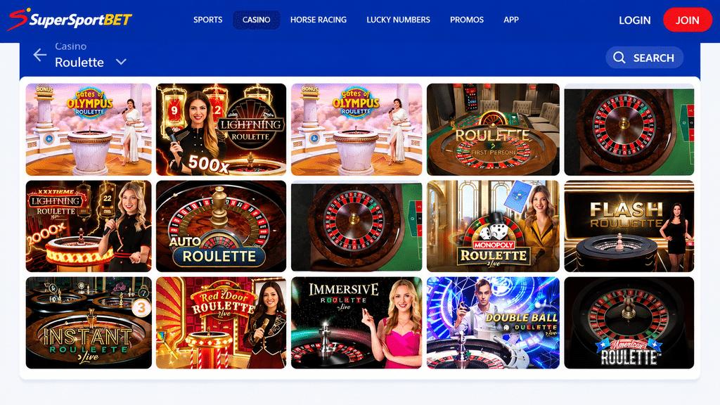 supersportbet-live-casino - Scatter South Africa Gallery of online roulette game thumbnails on a casino site showing various roulette titles and promotions