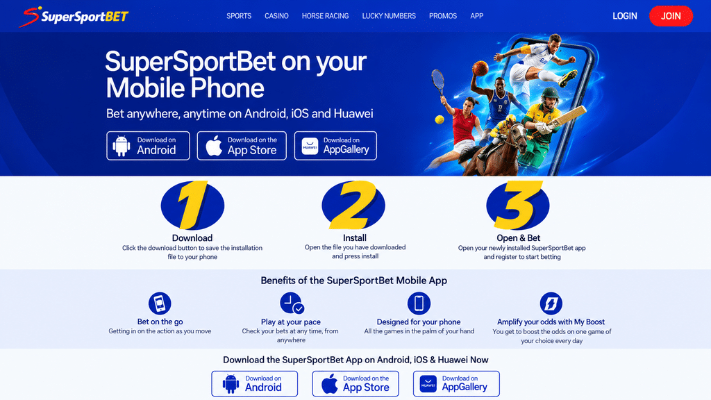 supersportbet-mobile-version - Scatter South Africa Hero banner for SuperSportBet mobile app: bold white text'SuperSportBet on your Mobile Phone' with athletes leaping from a smartphone and download buttons for Android, App Store, and Huawei AppGallery on a blue background.