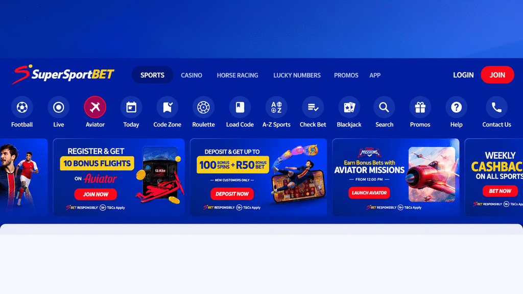 supersportbet-promotions - Scatter South Africa Blue SuperSportBET header with navigation and round icons for Football, Live, Aviator, Today, Code Zone, Roulette, A-Z Sports, Check Bet, Blackjack, Search, Promos, Help, Contact Us; 'LOGIN' and red 'JOIN' buttons visible.