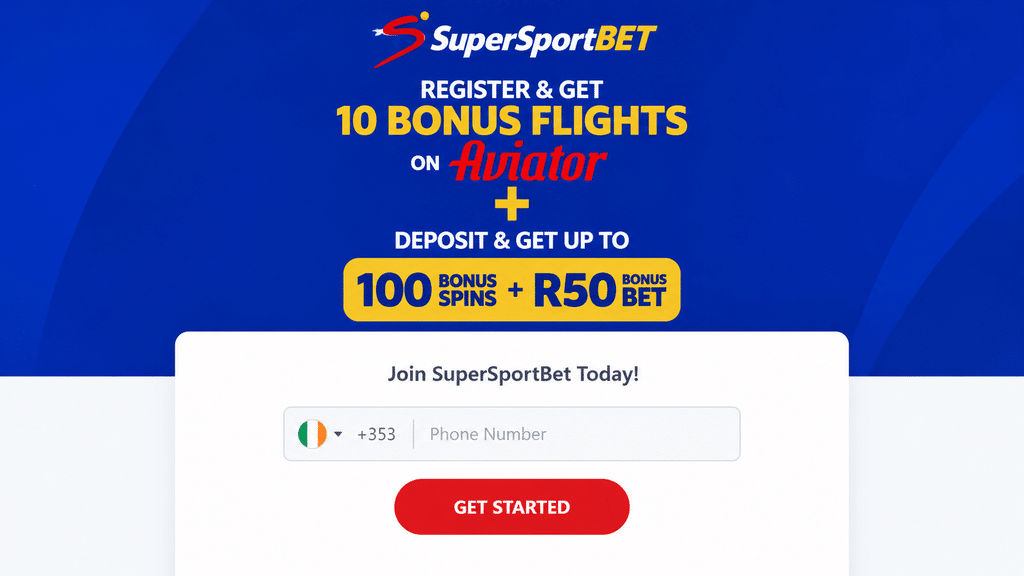 supersportbet-registration - Scatter South Africa Blue SuperSportBET promo banner offering 10 bonus flights on Aviator plus up to 100 spins and R50 bonus bet; signup box below the banner.