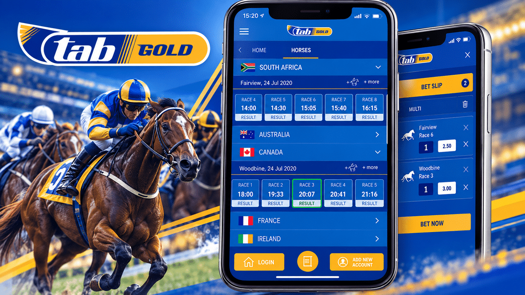 Horse race scene with jockeys and a prominent Tab Gold app interface on two smartphones in the foreground.