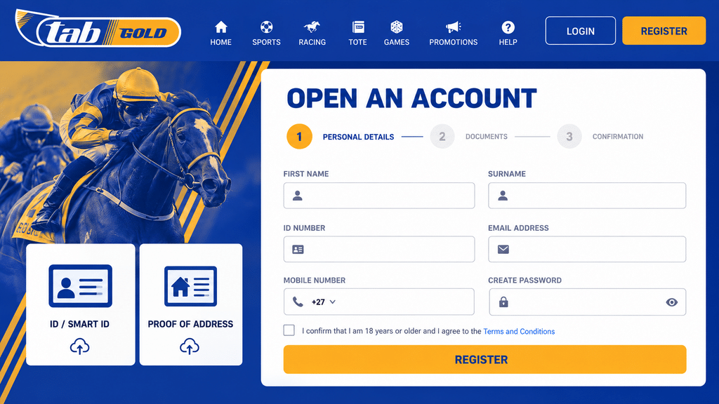 Racing-themed homepage with a large 'Open an Account' signup form on the right and two info cards on the left against a horse-race background.