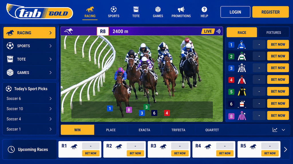Live horse race betting dashboard with video feed and blue-gold theme; navigation on left, odds on right, bet buttons visible.