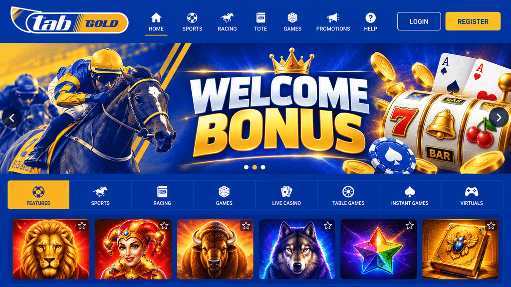 Casino hero banner featuring a horse race and a slot machine, with bold'WELCOME BONUS' text and gold coins across a blue theme.