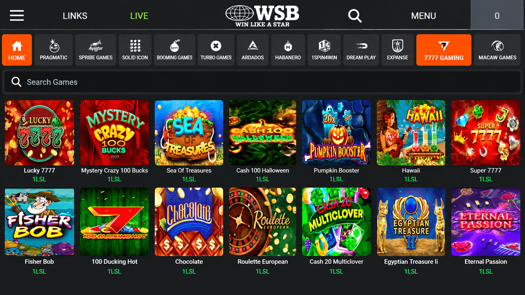 world-star-betting-casino-games - Scatter South Africa Lucky 7777 game thumbnail (1SL) in casino lobby panel, bright graphics and coins
