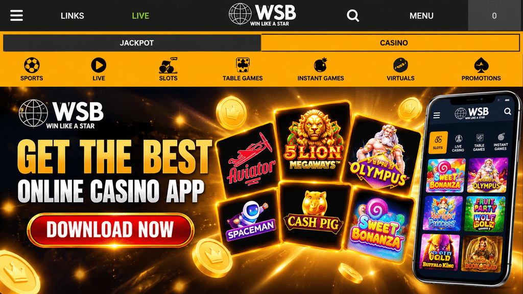 world-star-betting-mobile-version - Scatter South Africa WSB online casino promo banner with download app call-to-action and a smartphone showing game icons on the right, gold coins surrounding.