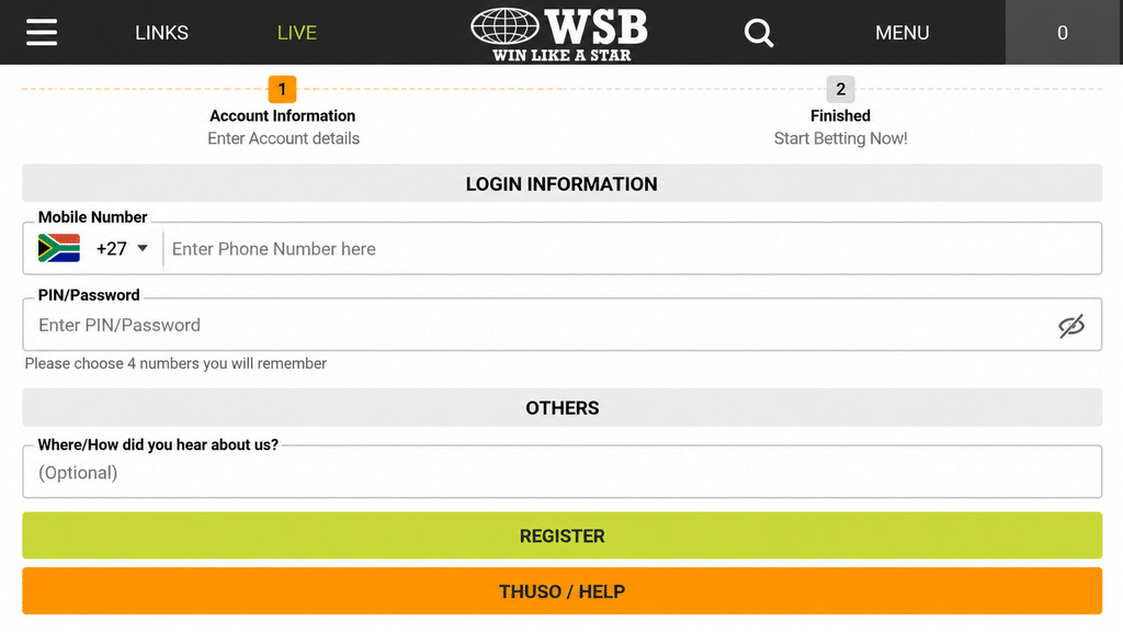 world-star-betting-registration - Scatter South Africa Registration form on a betting site: sections for Account Information, Login Information, Mobile Number with South Africa flag, PIN/Password, and an Optional referral field, followed by a lime Register button and an orange THUSO/HELP bar.