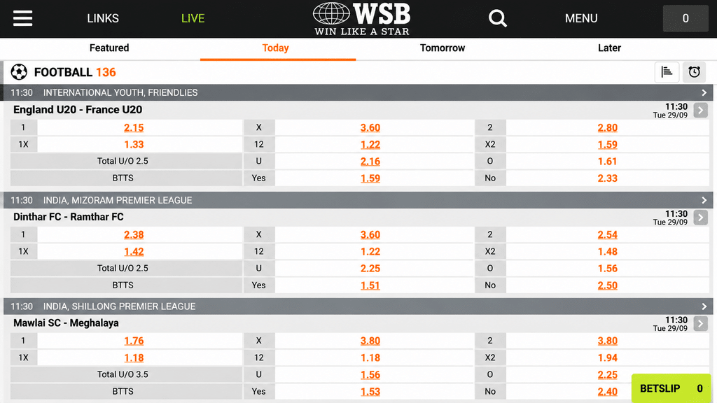 world-star-betting-sports-betting - Scatter South Africa WSB betting page showing live football odds for multiple matches with orange odds numbers and 'BETSLIP' button visible in bottom-right.