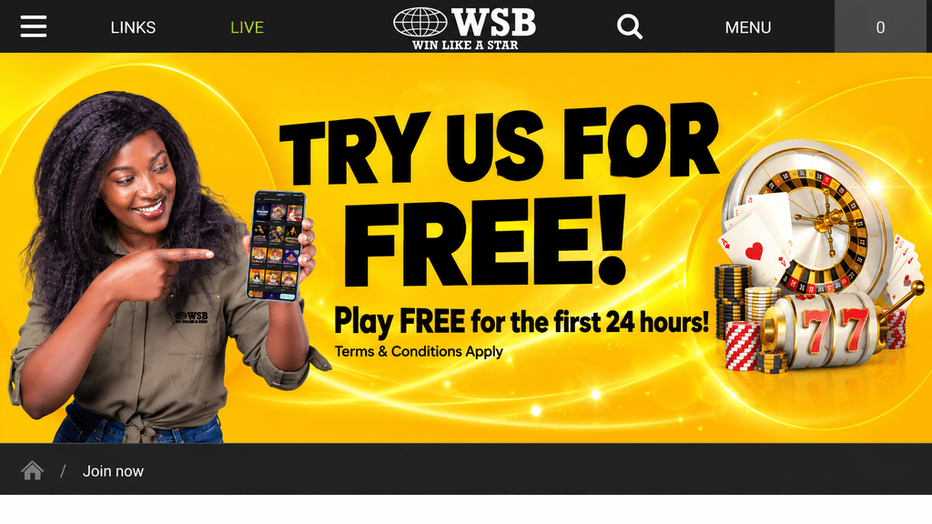 world-star-betting-welcome-bonus - Scatter South Africa Smiling woman holding a smartphone on a bright yellow casino promo banner that reads 'TRY US FOR FREE' with roulette wheel imagery on the right and 'Play FREE for the first 24 hours' text.
